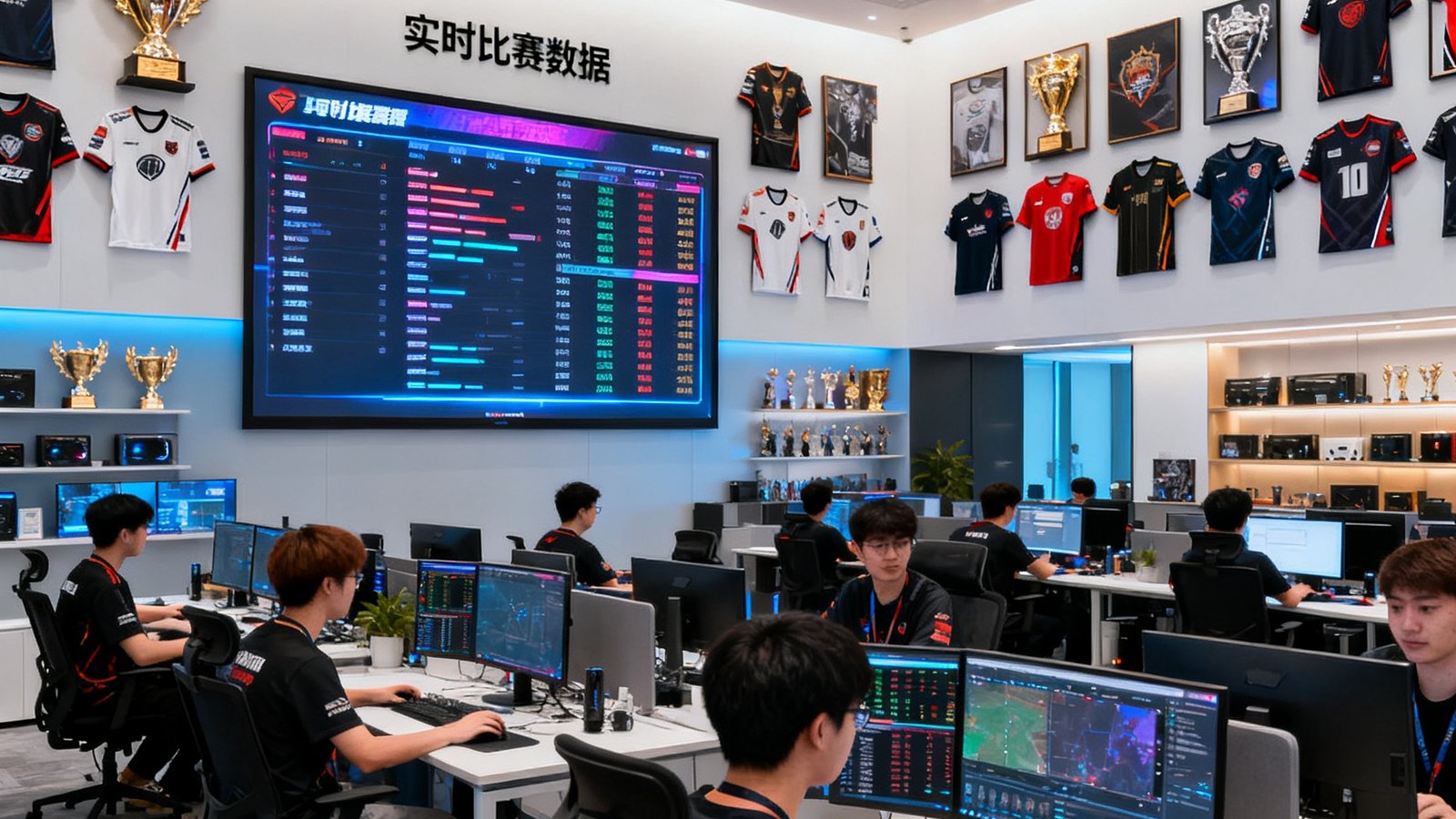 一家现代化电竞数据公司的开放式办公空间，墙面上挂满了各届世界赛冠军战队的队服，中央大屏幕上滚动着实时比赛数据，数十位年轻的数据分析师在全神贯注地工作，空气中弥漫着专业而热情的氛围。