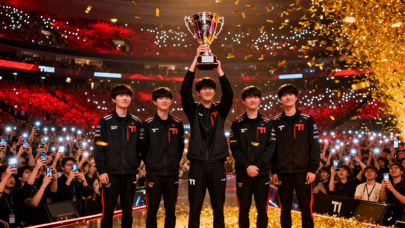 S14全球总决赛伦敦O2体育馆内，T1战队五位选手并肩站在舞台中央，Faker高举冠军奖杯，金色纸屑从空中飘落，台下数万名观众举起手机记录这一历史时刻。
