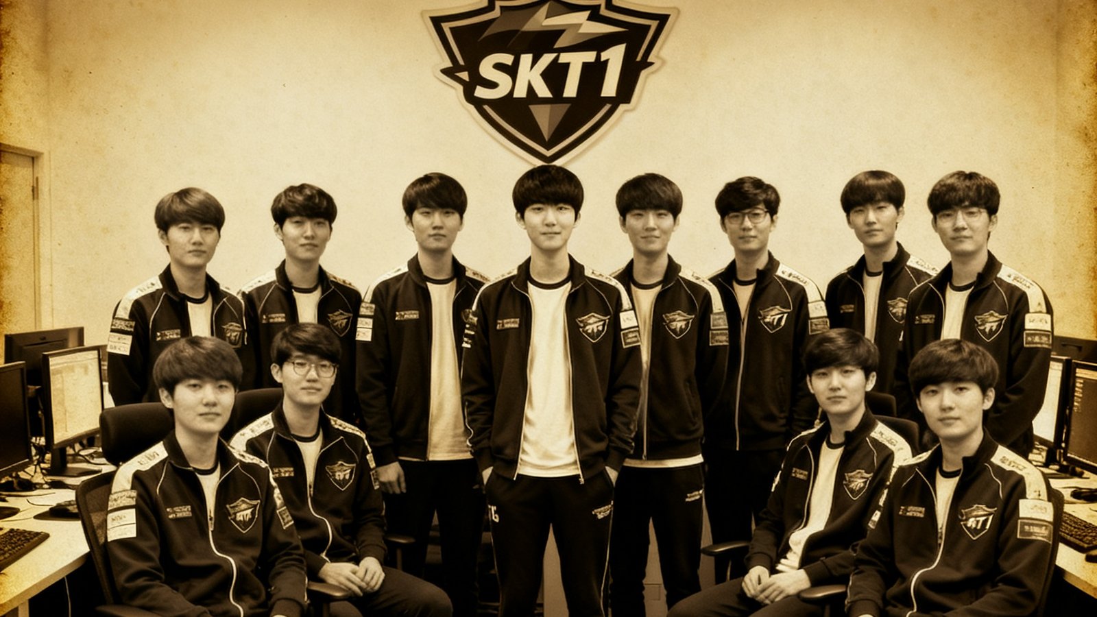 一张泛黄色调的经典老照片，2015年SKT T1战队的完整阵容在训练室合影，年轻的Faker站在中间位置，墙上挂着当时的赞助商标志，画面充满了怀旧与传奇的氛围。